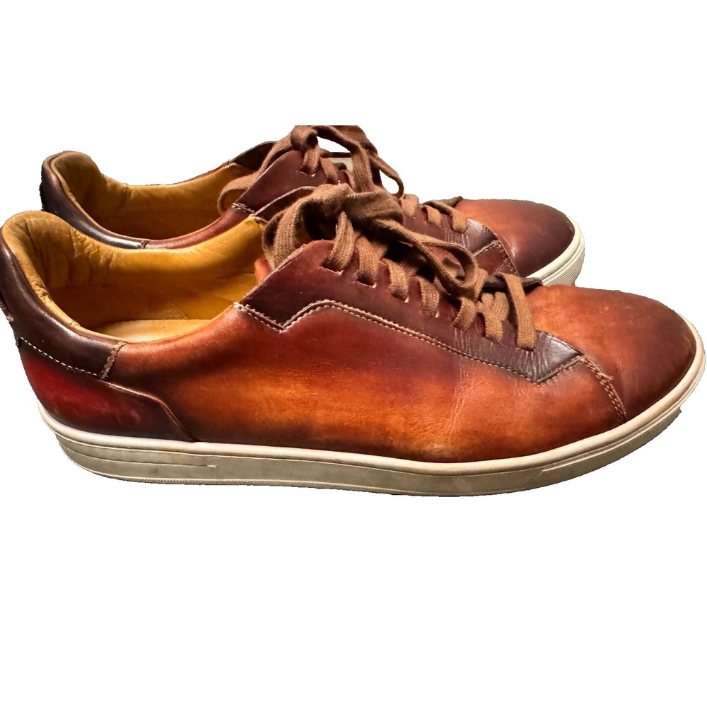 Magnanni Ottawa shoes 10.5 brown Amadeo Burnished Leather LowTop Sneakers cognac - Picture 2 of 11
